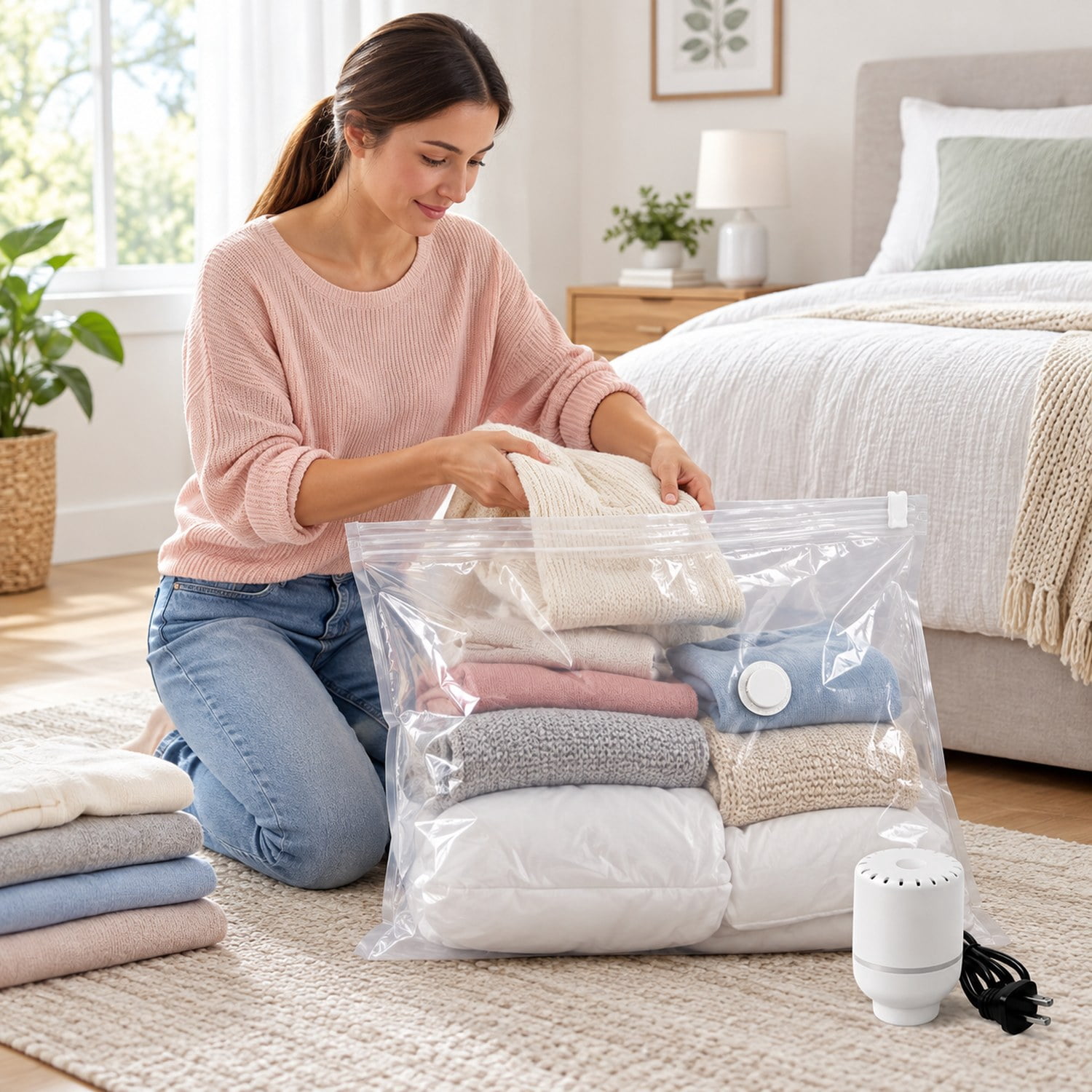 Vacuum Storage Bags, 15 Pack Space Saver Seal Bag(3 Jumbo/3 Large/3 Medium/3 Small/3 Roll), Compression Airtight Zipper Space Bags with Electric Pump, for Cloth, Bedding, Blanket, Pillow, Travel