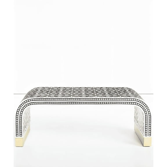 Bone Inlay Coffee Table – Rounded Waterfall Design with Moorish Black & White Geometric Motifs