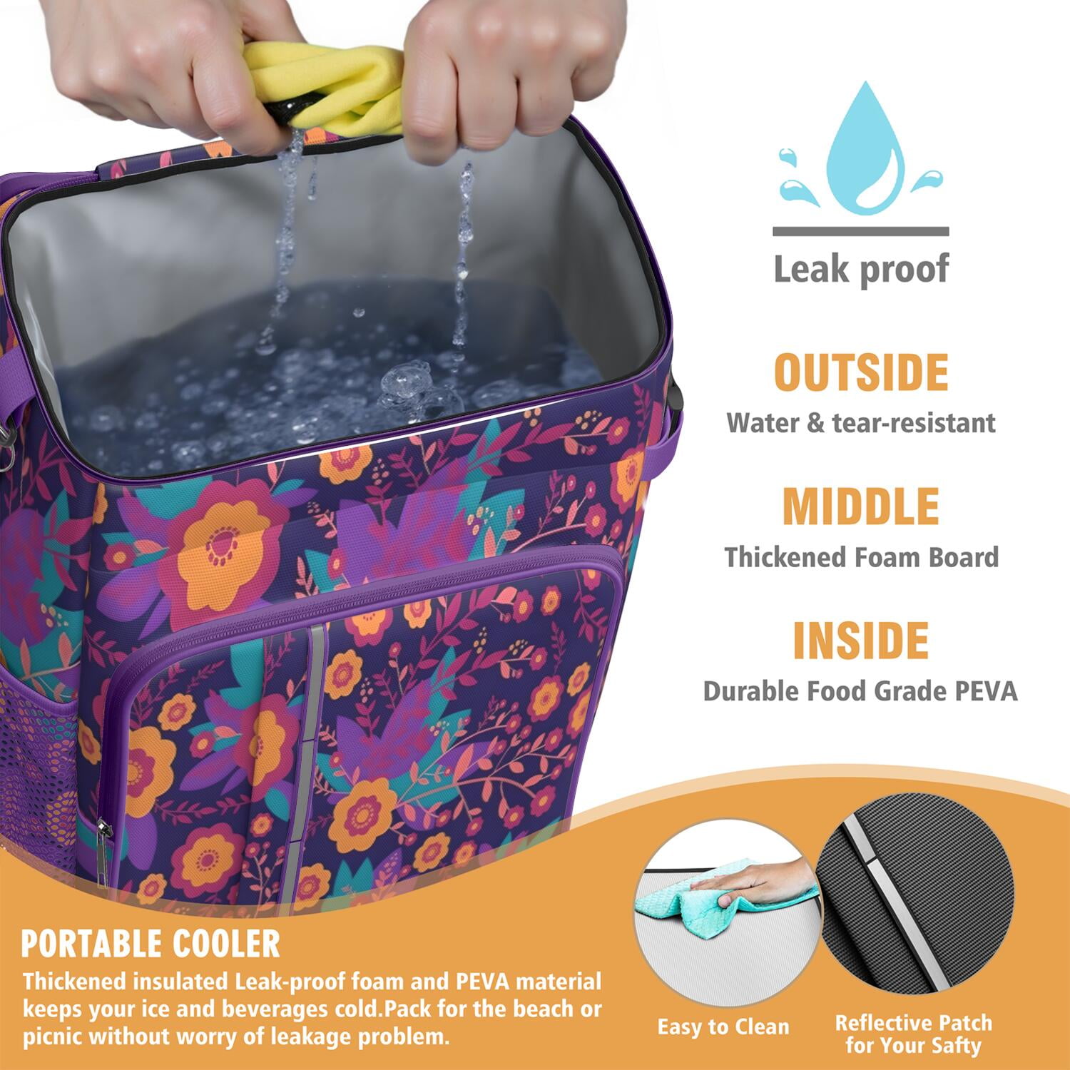 Travel Cooler Bag - Pioneer Flower Floral Print Pattern Camping Beer Cooler Backpack with Bottle Opener- Waterproof Insulated Picnic Backpacks - Cooler Bag for Beach