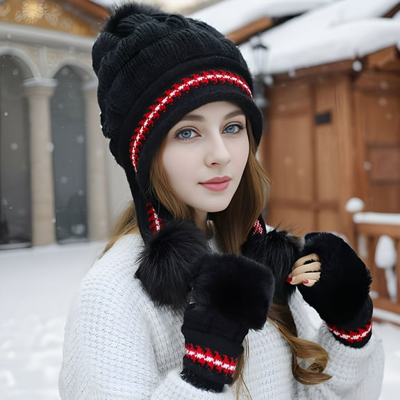 TELOLY Women Winter Glove and Hat Set Winter Hat Touchscreen Gloves Warm Knitted Beanie and Mittens for Women