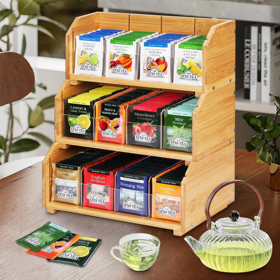 AIWFL Bamboo 3 Tier Tea Bag Box, Stackable Tea Bag Organizer Storage Box for Office Home Kitchen Countertop