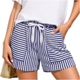 thumbnail image 2 of UDAUDU Striped Shorts for Women with Expanding Pockets Loose Drawstring Beach Soft Shorts High Rise Wide Leg Striped Summer Pants Short Blue L, 2 of 6