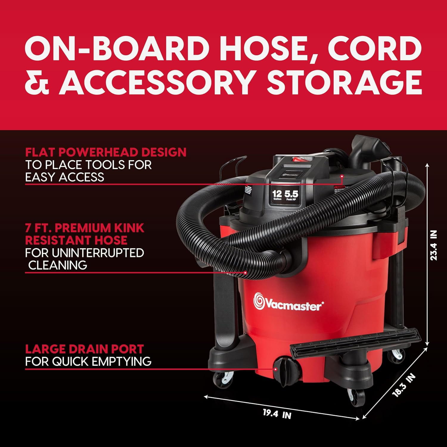 Vacmaster 12 Gallon Wet/Dry Vacuum, 5.5 Peak HP, 27ft Reach, Blower Function, 9 Accessories for Home, Garage & Car Cleaning