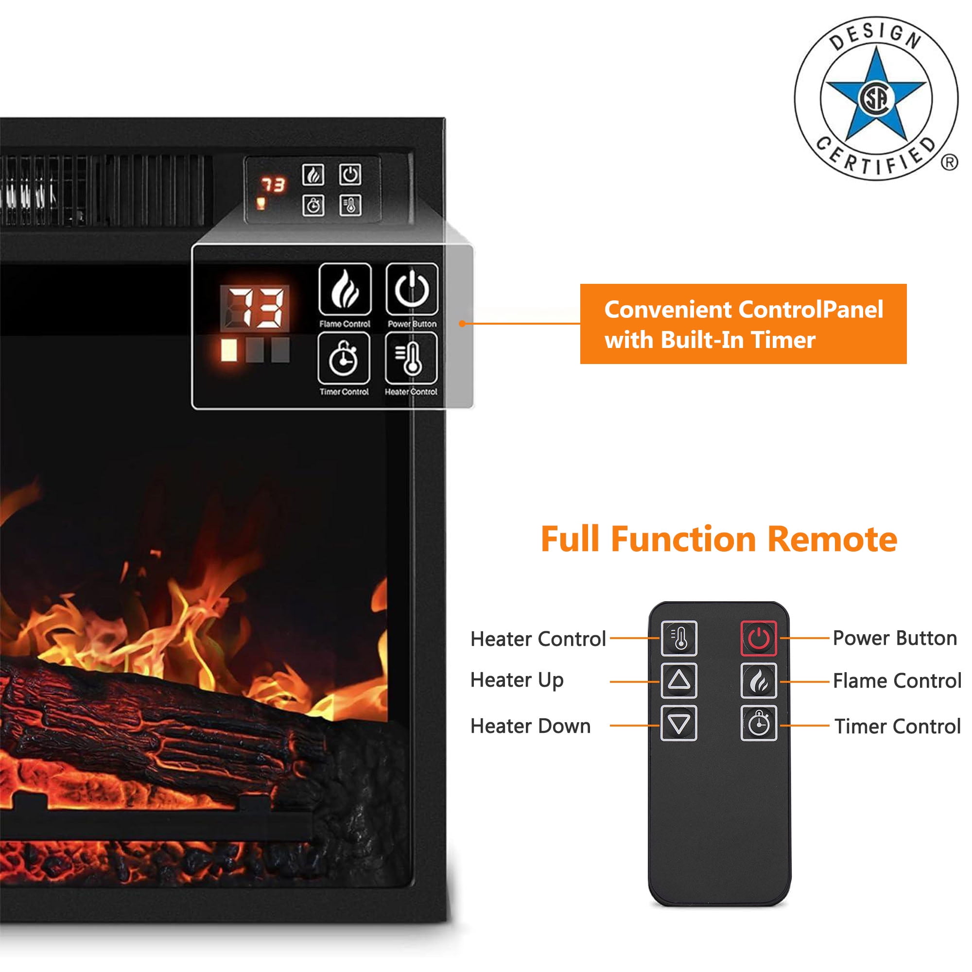 18" Fireplace Heaters for Inside, 3D Electric Fireplace Insert, 1400W Fireplace Heater, Adjustable Flame and Low Noise, CSA Certification