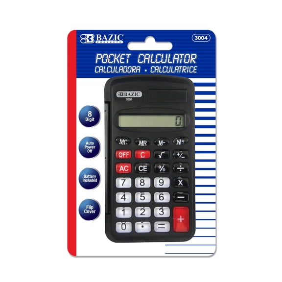 BAZIC Products Pocket Size Calculator, 8-Digit, Flip Cover, LCD Display, Black