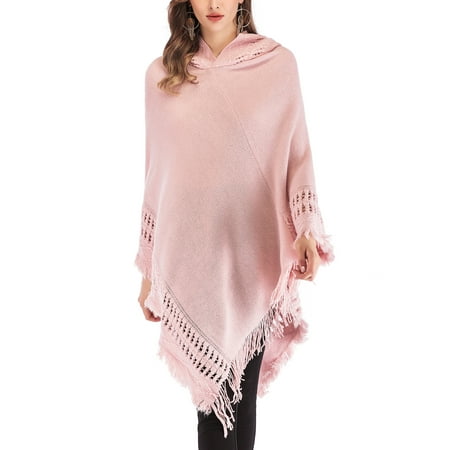 Women Knit Poncho Pullover Sweaters Tassels Hooded Cloak Poncho Capes Shawl Loose Autumn Winter Irregular One Size
