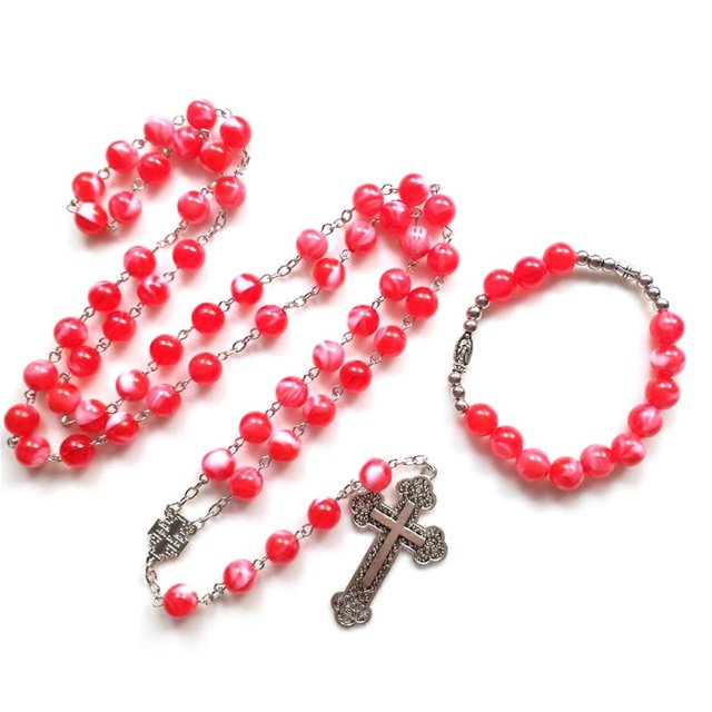 Catholic Rosary Necklace Cross Pendant Bracelet Christian Red Acrylic Beads Long Chain for Women Girl Jewelry Religious
