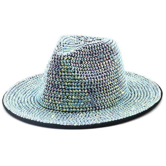 YUUZONE Wide Brim Fedora Hat for Woman Full Rhinestone Felt Top Hats Dancer Singer Hat