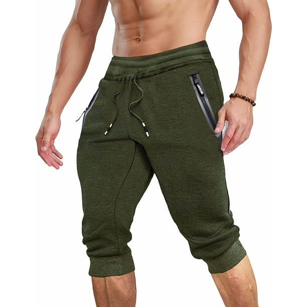 Men's 3/4 Jogger Capri Pants with Zipper Pockets Knee Length Running  Training Workout Shorts 