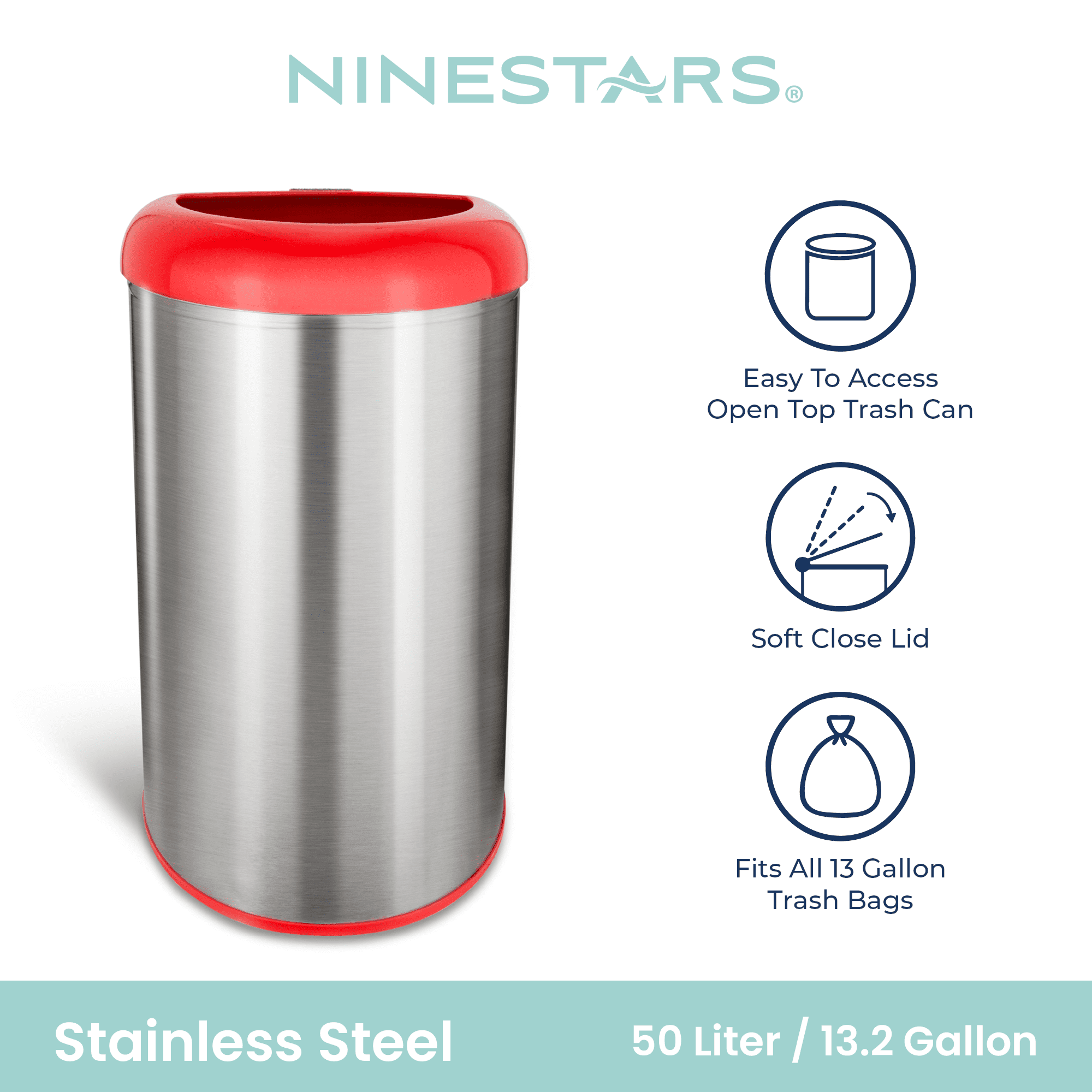 Nine Stars Open-Top Kitchen Trash Can, 13 Gallon Stainless Steel, Hands-Free Waste Bin, Silver and Red