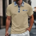 thumbnail image 2 of Mens Polo Shirts Casual Spliced Denim Lapel Short Sleeve Button Lapel Pocket Tops Loose Comfortable Business T Shirts for Man Khaki M, 2 of 5