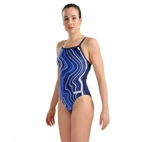 ARENA Women's Standard Performance Marbled Sports Swimsuit Light Drop Back Bathing Suit, Navy/Navy Multi