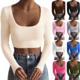 thumbnail image 5 of Womens Solid Square Neck Ribbed Long Sleeve Crop Top,Slim Fit Basic Tee, 5 of 6