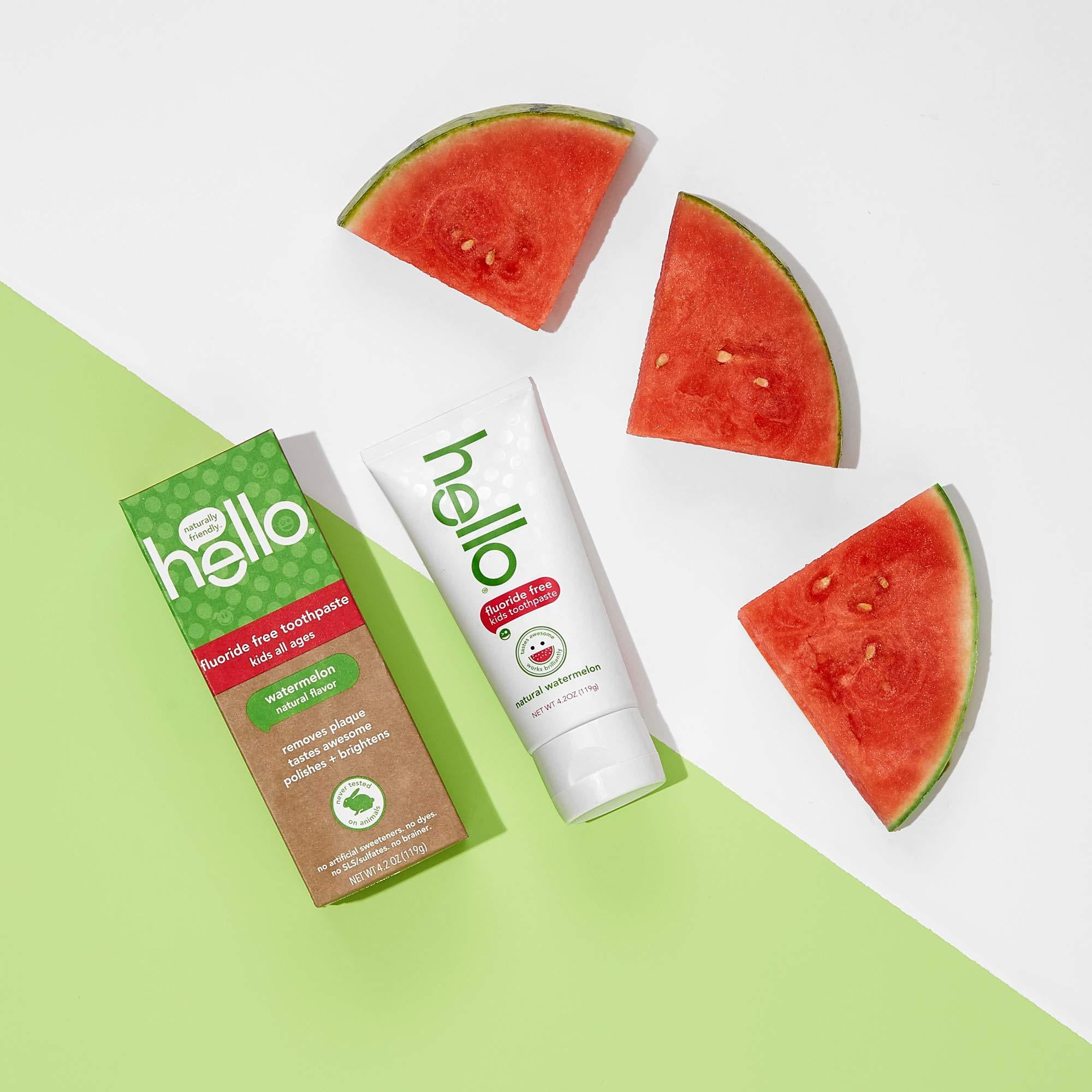 Hello Oral Care Kids Fluoride Free Toothpaste for 3 Months+, Gluten Free and SLS Free, Natural Watermelon, 4 Count