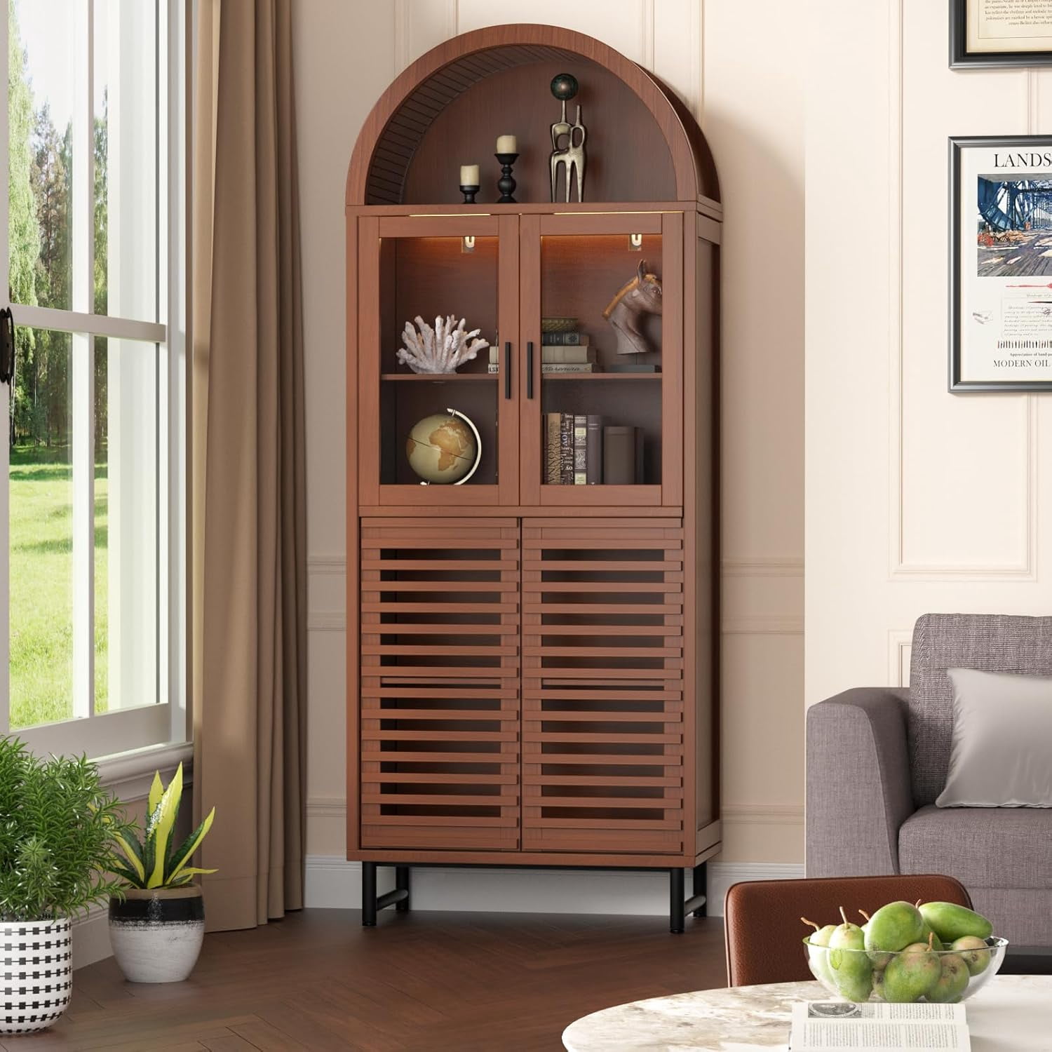 Vabches Arched Kitchen Pantry Storage Cabinet, 78" Tall Fluted Cabinet with LED Lights 2 Glass Doors for Kitchen, Living Room, Bedroom
