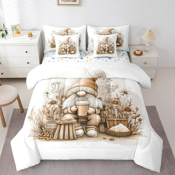 Erosebridal Floral Gnome Bedding Sets Twin Size,Botanical Plants Comforter Sets with Sheets,Kawaii Cartoon Bed in a Bag Twin size,Lightweight Teenager Bedroom Decor,Reversible,7pcs