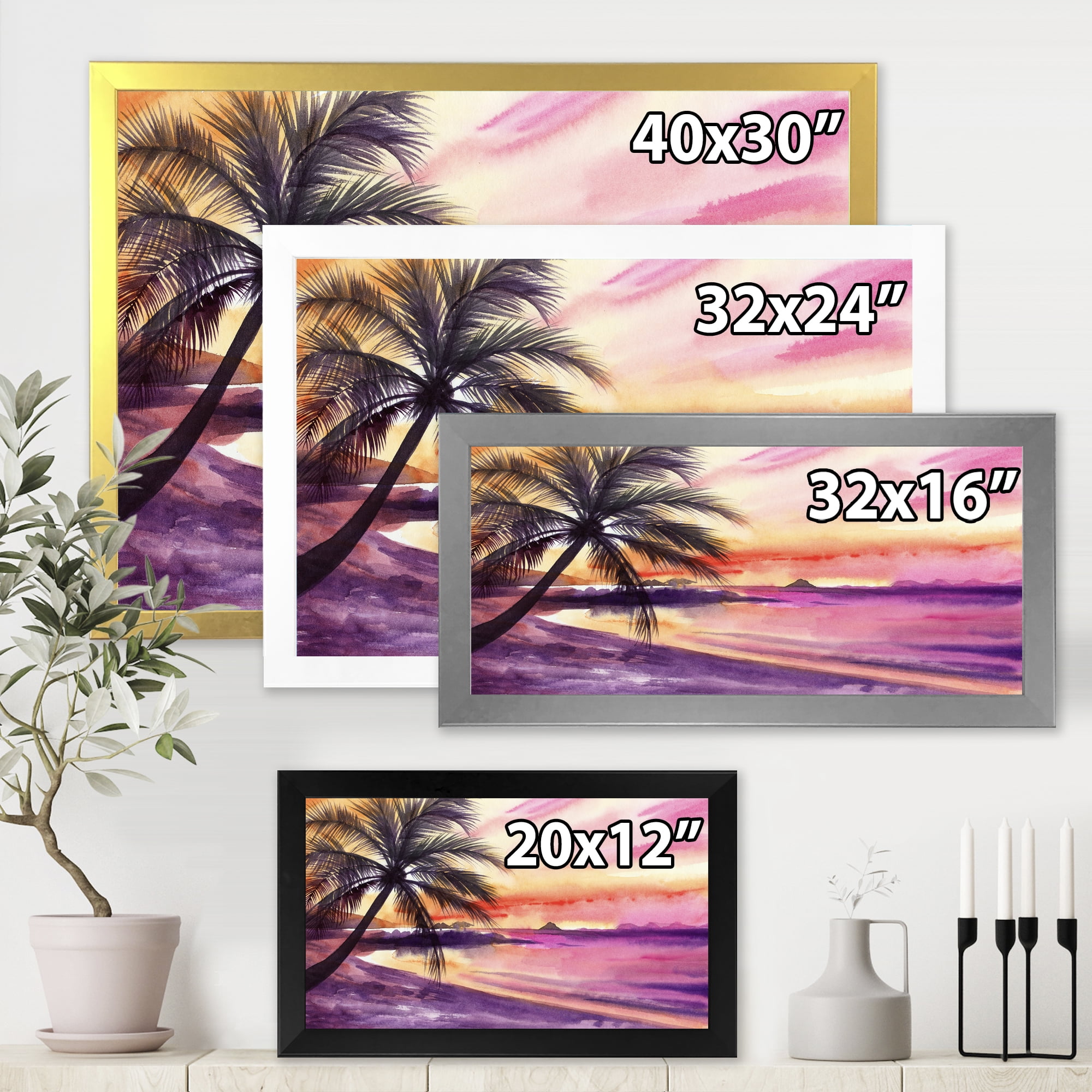 Designart 'Purple and Pink Palm Beach Sunset' Nautical & Coastal Framed Art Print
