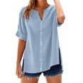 thumbnail image 2 of Tittly Womens Linen Shirt Women'S Gauze Tops Linen Button Up Shirts for Women Loose Shirt Top Stand Solid Color Sleeve Collar Casual Women's Shirt Women's Shirt Blue, 2 of 7