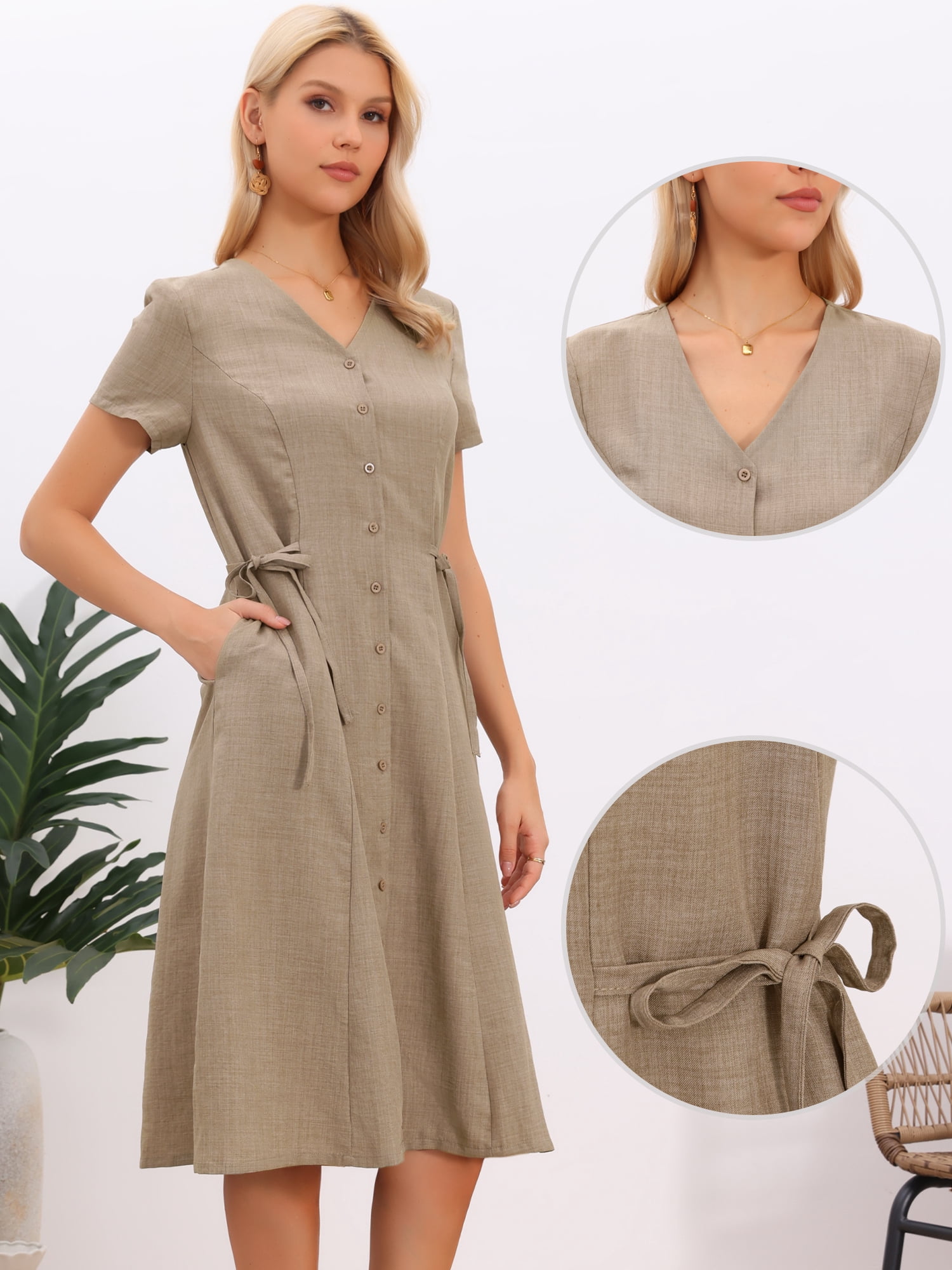 DARING DIVA Women's A-Line Linen Button Down V Neck Short Sleeve Midi Dress M Khaki