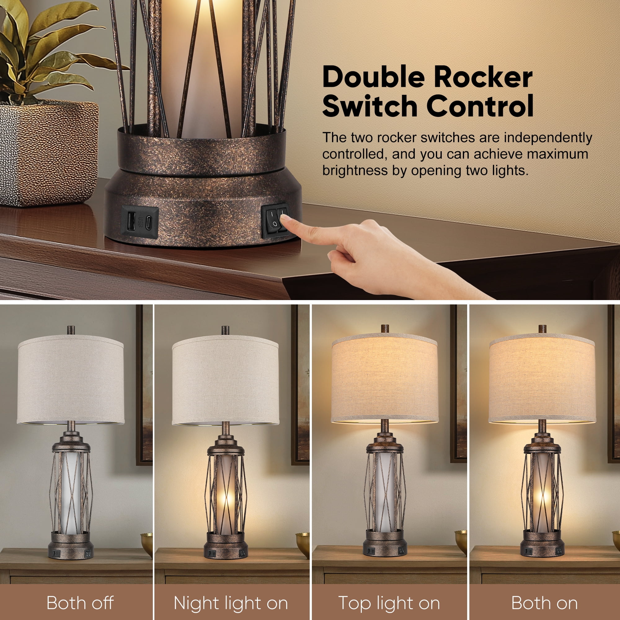 Farmhouse Table Lamps for Living Room, Rustic Nightstand Lamp for Bedroom with USB C+A Charging Ports, Built-in Frosted Glass Night Light for Entryway End Table, 4 Bulbs Included, Bronze