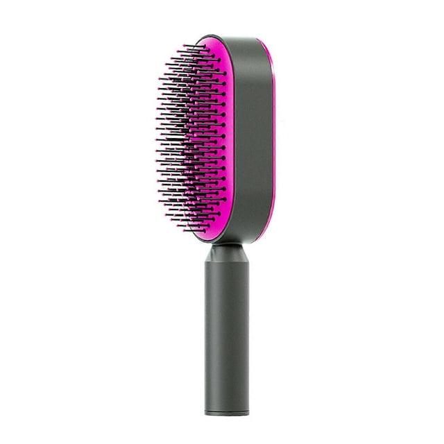 Brosse à cheveux coussinée autonettoyante pour massage du cuir chevelu, peigne arrondi à dents pour femmes, cheveux longs, rose rouge