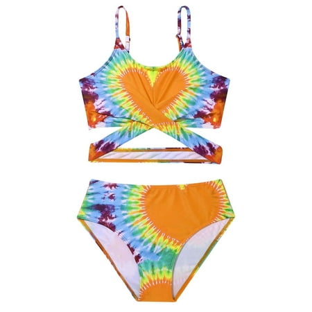 Toimothcn Girl s Swimsuit Sleeveless Casual Tie Dye Printed 2 Piece Bikini Set Quickly Dry Cover Up Swimwear 11-12 Years