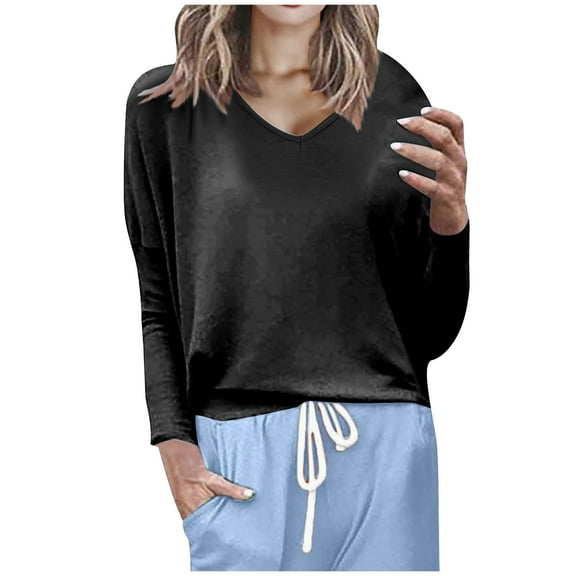 Scyoekwg Long Sleeve Shirts for Women Lightweight V Neck Casual Dressy Blouses Solid Color Fall Tops Pullover (Black,XXL)