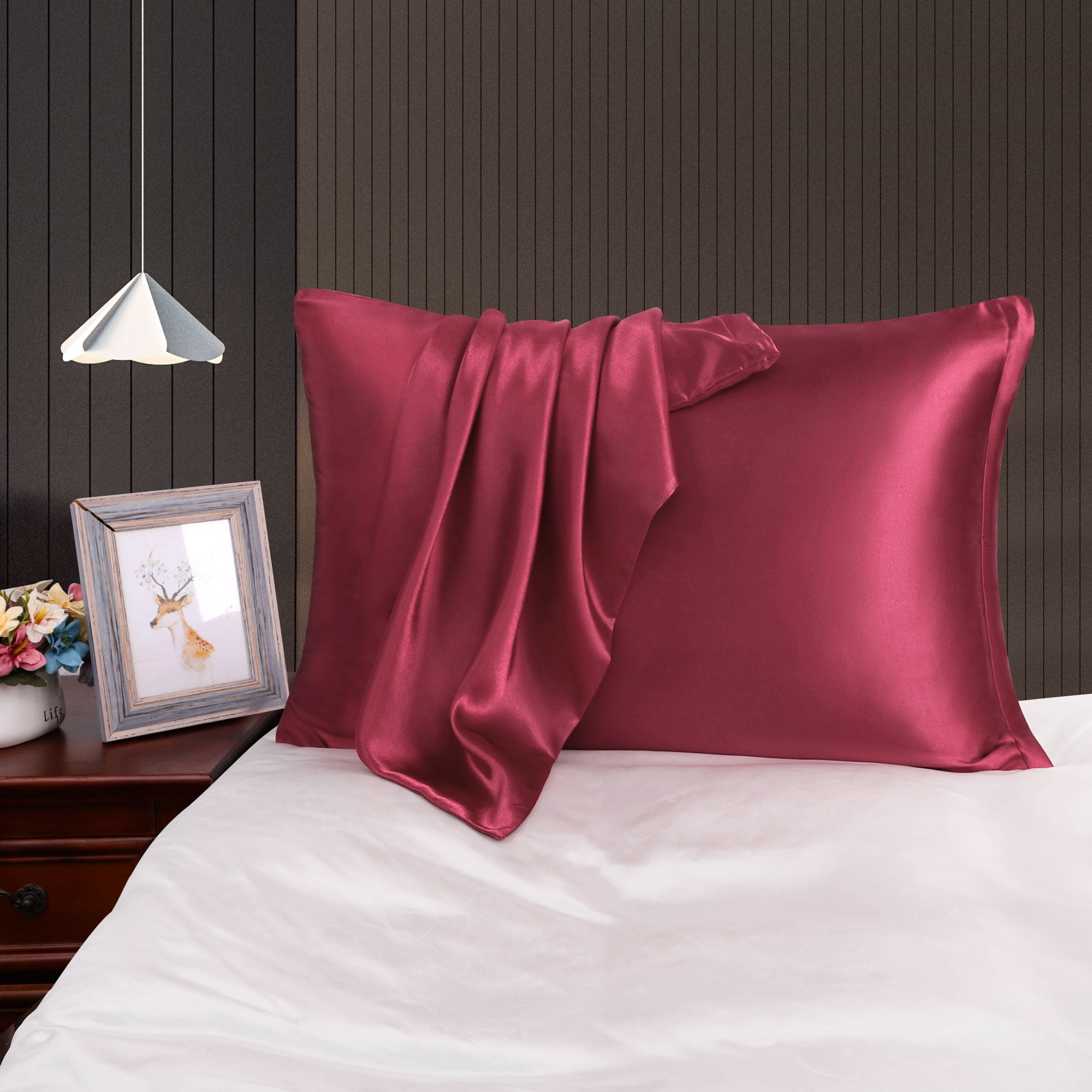 Unique Bargains Satin Set of 2 Zipper Closure Pillowcases Burgundy 20"x30"