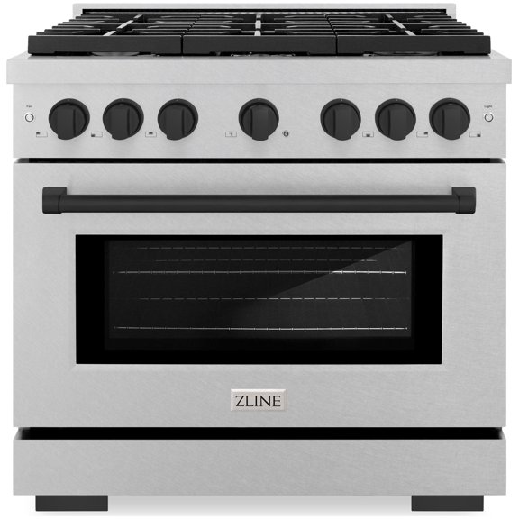 ZLINE Autograph Edition 36 in. 5.2 cu. ft. Paramount Gas Range with 6 Burner Cooktop and Convection Gas Oven in DuraSnow Stainless Steel and Matte Black Accents (SGRSZ-36-MB)