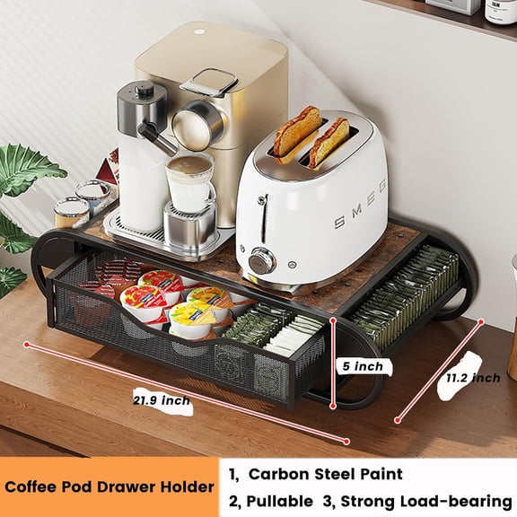 Coffee Pod Drawer Holder with Side Baskets, Rustic Brown Storage Organizer for K-Cups, Office Desk & Computer Stand