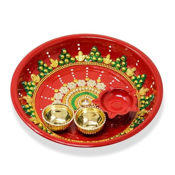 Swadeshi Desire Handmade Decorative Pooja Thali, Puja Plate, Karwachauth Thali Set | Diwali Gift Items | Decorative Items for Pooja | Aarti Thali Decorative - 6 inches