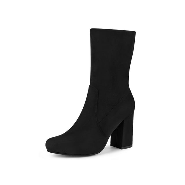 Unique Bargains Women's Rounded Toe Block Heel Stretch Ankle Boots