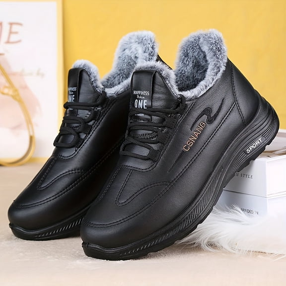 Men's Winter Snow Boots with Plush -Like Lining - Thickened Ankle-High PU, Lace-Up/Slip-On Closure, Traction Tread for Ice & Snow - Cold Weather Traction Shoes