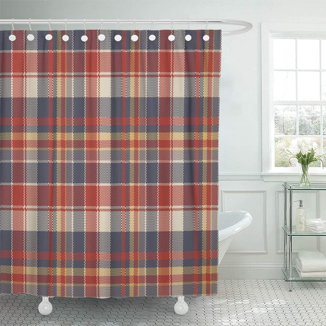 Cortina de ducha ABPHQTO de fibra de tela de arpillera a cuadros beige y roja 165x180 cm