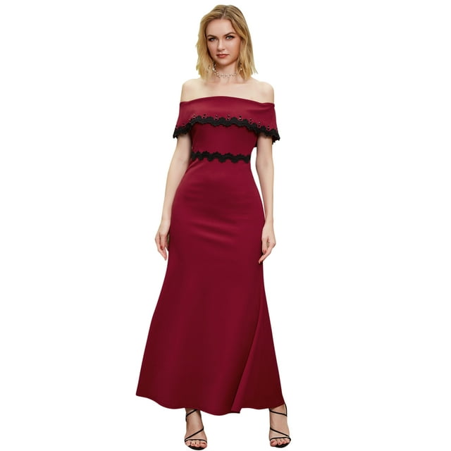 ANGEL FASHIONS Women Off Shoulder Wine Red Long Wedding Dress Small