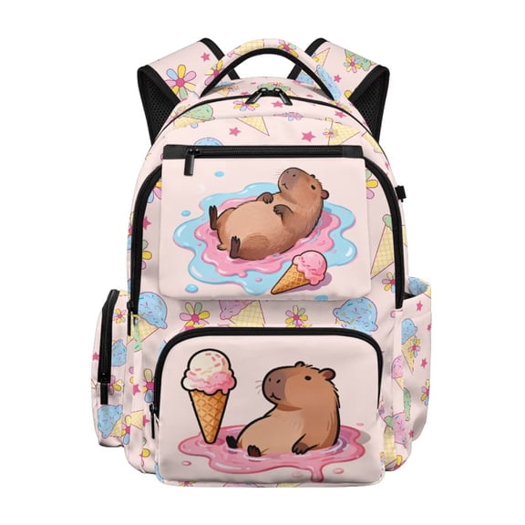 Forchrinse Girls Backpack for School Ages 10-12 Cute Capybara School Backpack Ice Cream Kids Bookbag 17 Inch Schoolbag with Multi Pockets Casual Travel Rucksack