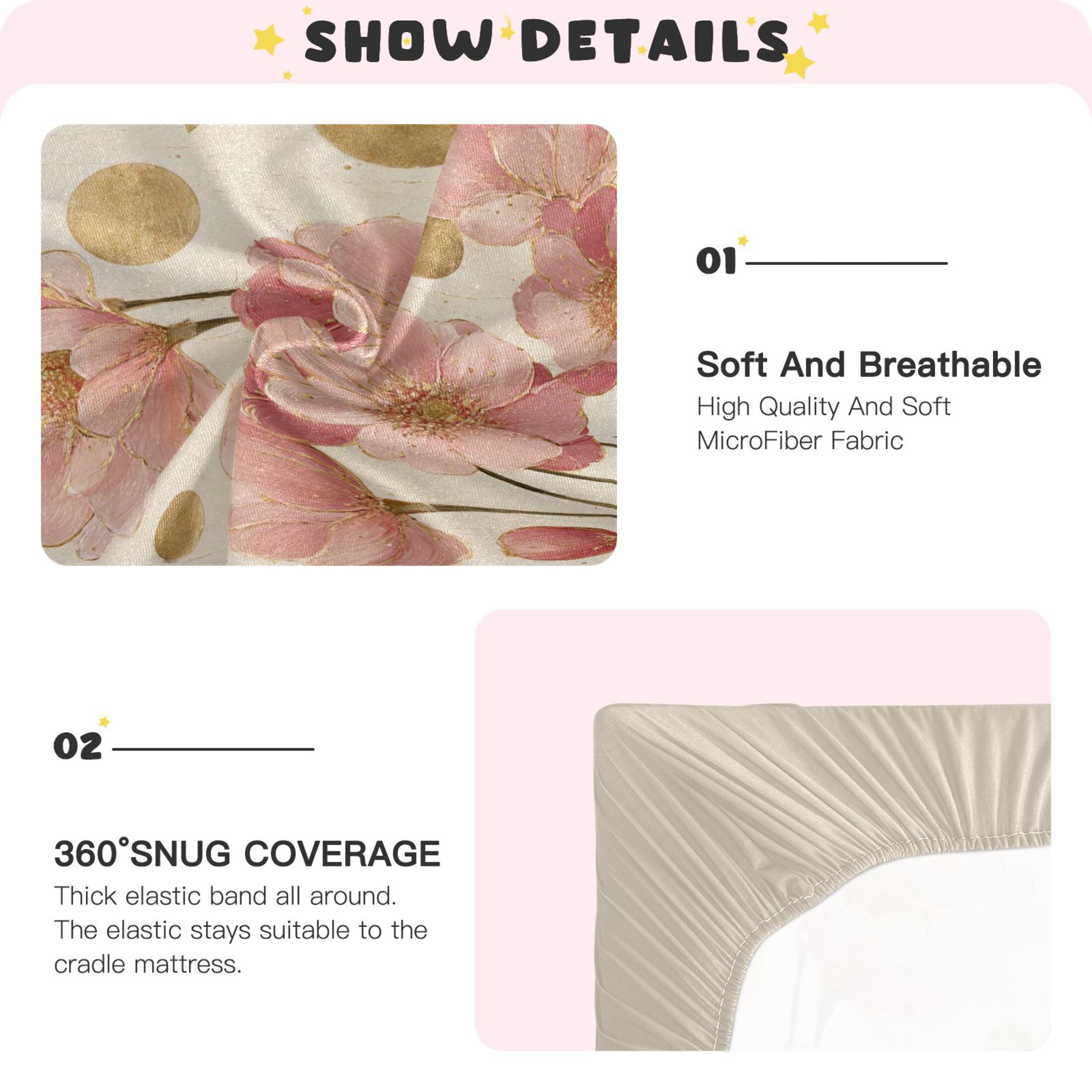 Baby Essentials 52”x 28”- Standard Cotton-like Modal Elastic- Pink-gold Design Crib Sheets for Newborns and Toddlers
