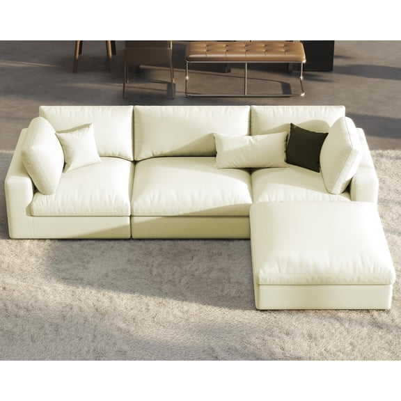 VanAcc Modular Sectional Sofa, 114" Oversized Down Filled Sectional Couch, 4 Seats L Shaped Cloud Sofa with Chaise, Ottoman, Comfy Couch, White Linen
