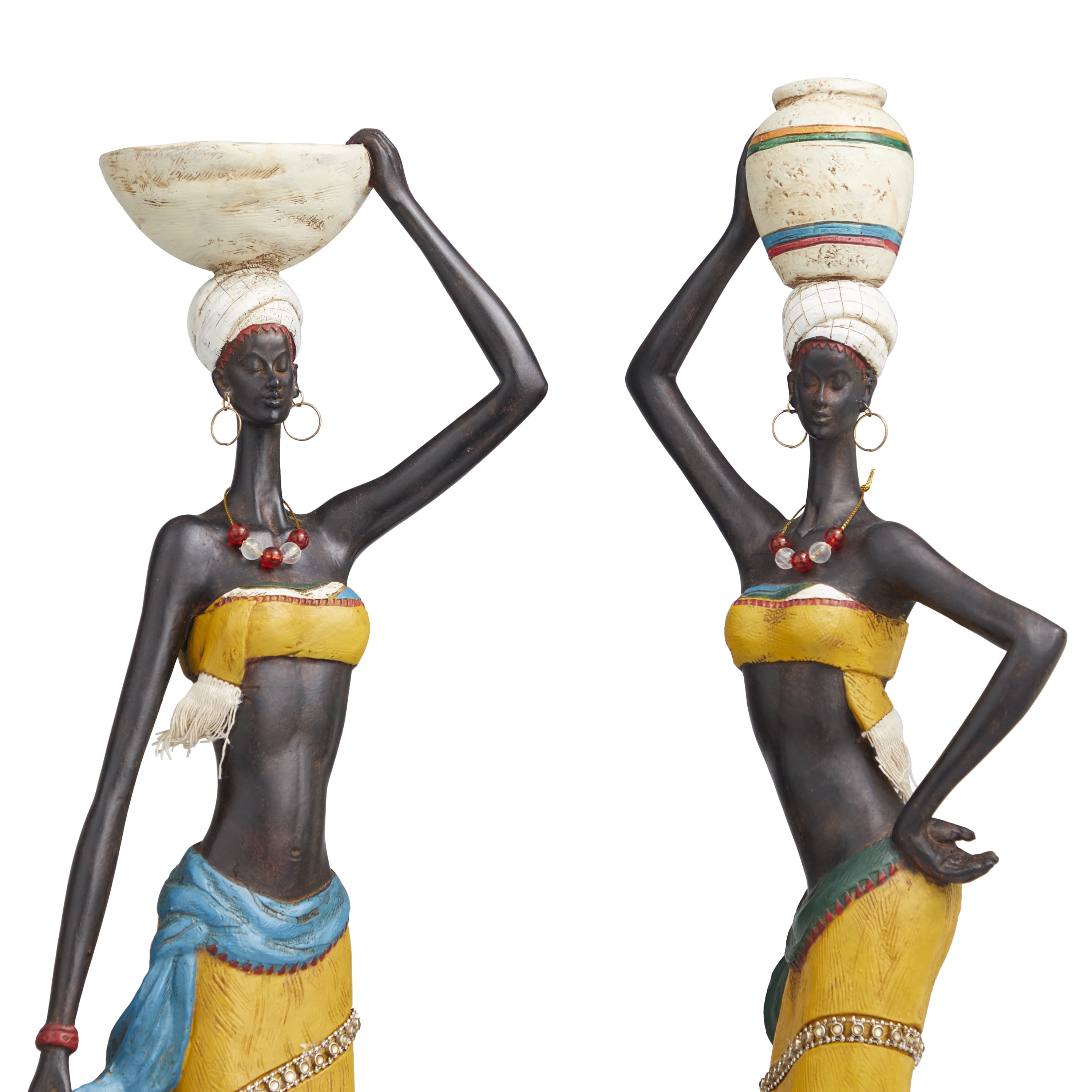 32", 33"H Yellow Polystone Handmade African Woman People Sculpture with Water Jugs and Jeweled Details, by DecMode (2 Count)