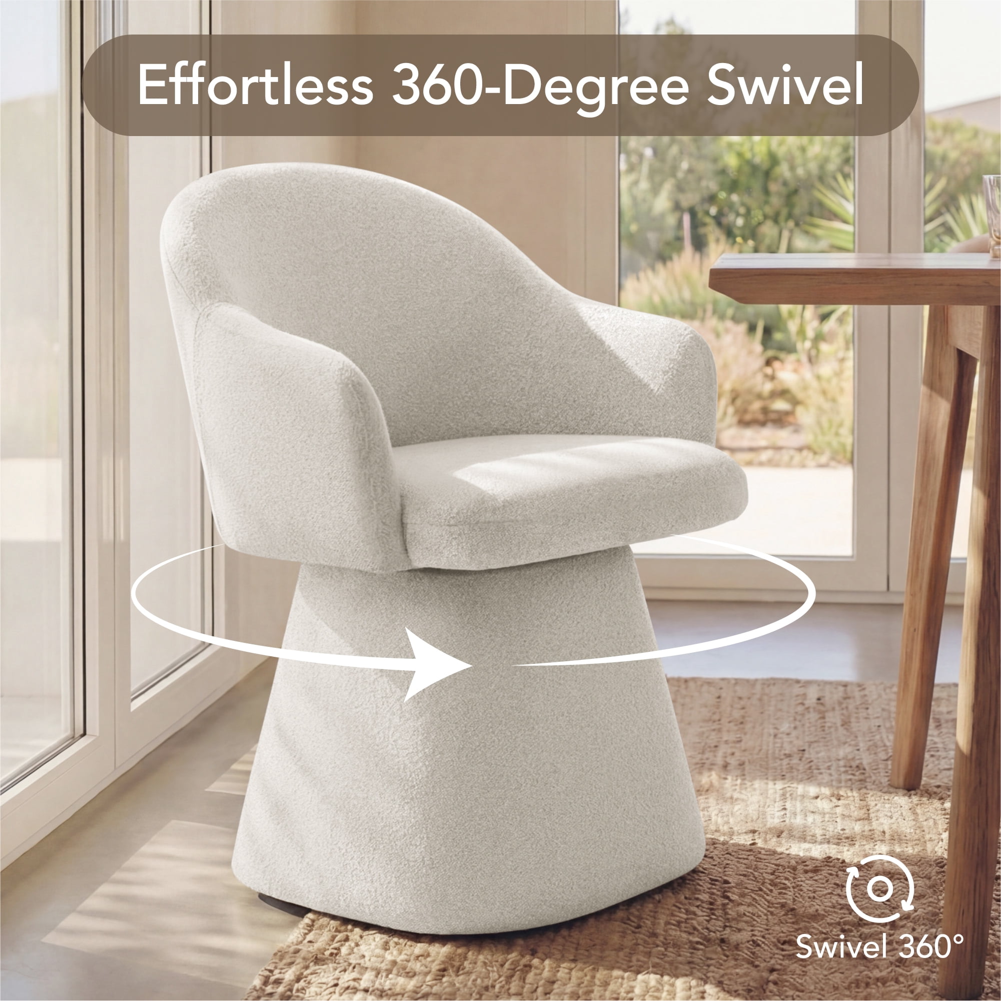 Spruce & Spring 360° Swivel Dining Chair, Spill-Proof & Stain Resistant Barrel Armchair with Rotating Base, Modern Upholstered Seat and Removable Back Support Pillow for Kitchen Living Room, Ivory