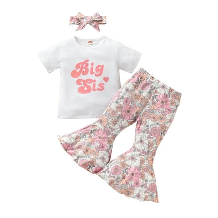 

Bagilaanoe Toddlers Baby Girl Summer 3Pcs Pants Set 1-6 Years Letters Print Short Sleeve Tops + Floral Printed Flared Trousers/Ruffled Shorts + Hairband