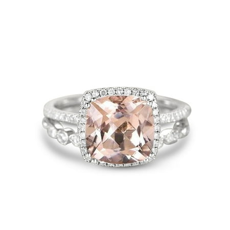 2 Carat Cushion cut Real Morganite and Moissanite Bridal Wedding Ring Set with Engagement Ring and Wedding Band in 18k Gold Over Silver