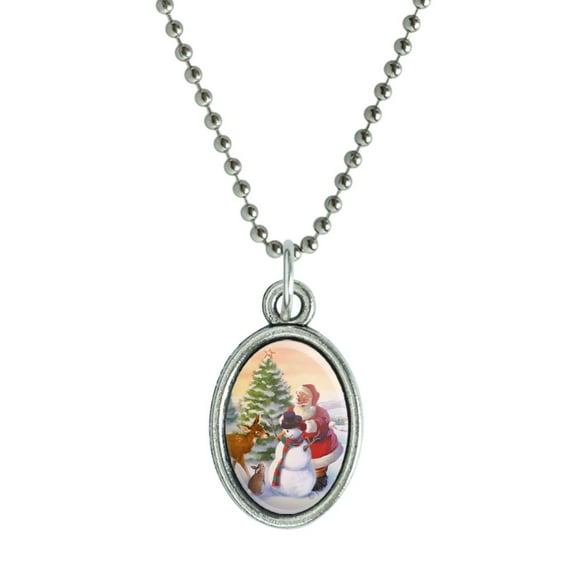 Christmas Holiday Santa and Animals Finishing Snowman Antiqued Oval Charm Pendant with Chain