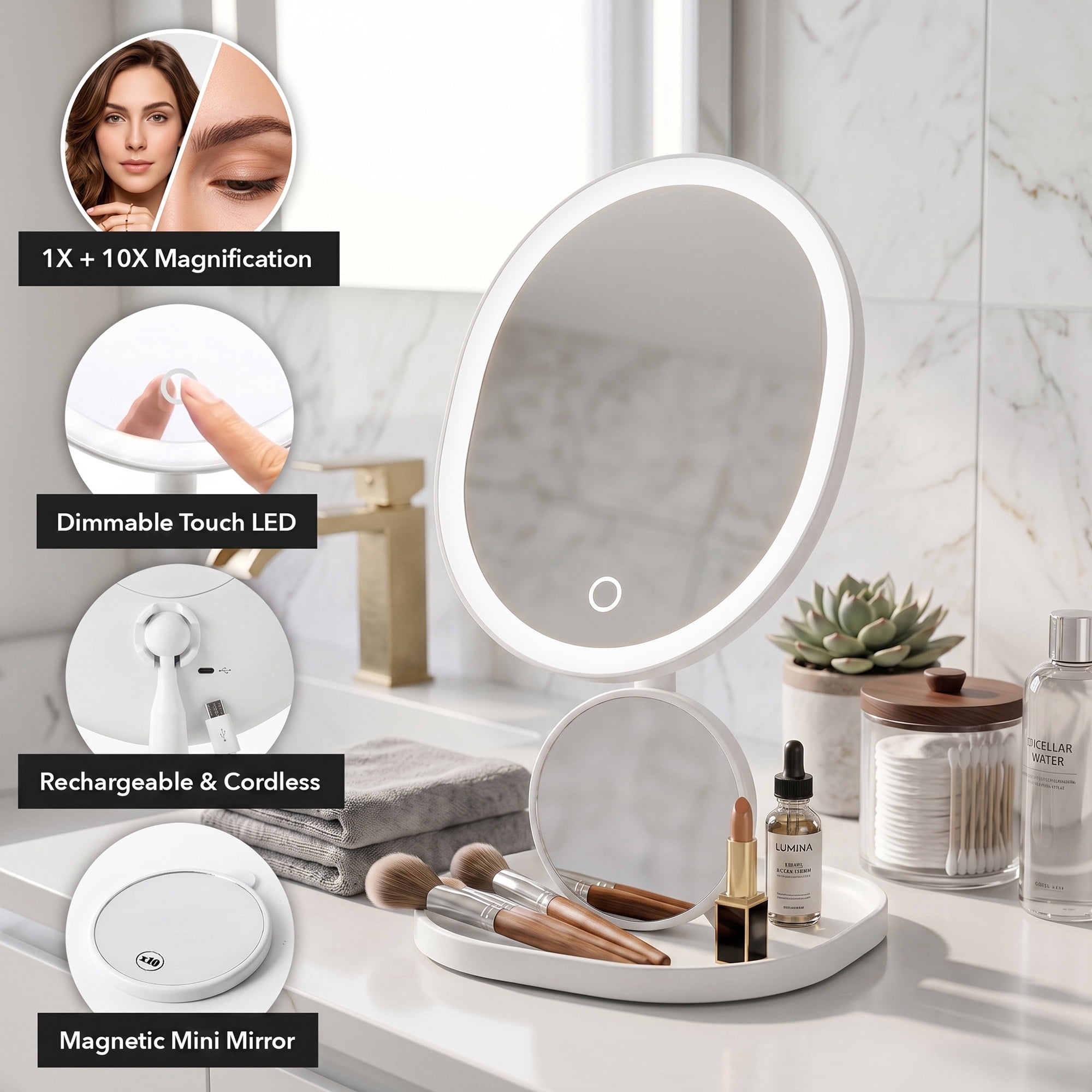 OVENTE 9" Rechargeable Lighted Tabletop Makeup Mirror with Mini Magnetic 10X Magnifying Mirror, Touch Screen Dimmable LED Lights, Portable Vanity Mirror Perfect for Bathroom or Travel, White MOT22W