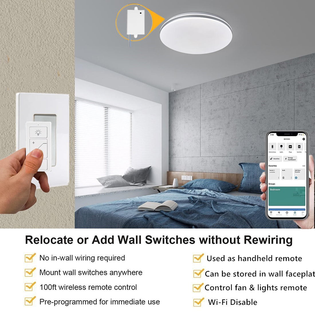 Smart Wireless Light Switch and Receiver Kit,Brightness Adjustable,120ft RF Range No Wiring Mini Remote Control with Wall Plate,Voice Control