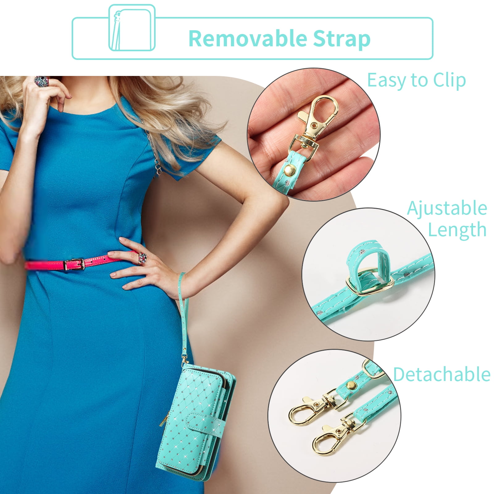 Compatible with Samsung Galaxy A13 5G Wallet Phone Case Tempered Glass Screen Protector Bling Glitter Crossbody Lanyard Strap Flip Zipper Purse Card Holder Cell Cover for A04S M13 A136U Women Green