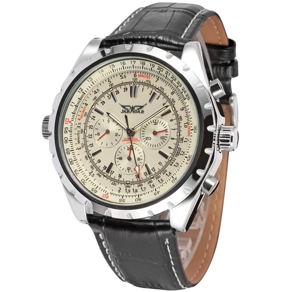 JARAGAR JARGAR Men's Automatic Mechanical Watch with Triple Calendar, White Dial, Leather Strap, Stainless Steel Case, 47mm Diameter