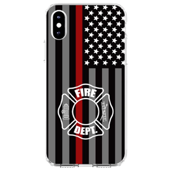 DistinctInk Clear Shockproof Hybrid Case for iPhone XR (6.1" Screen) - TPU Bumper, Acrylic Back, Tempered Glass Screen Protector - FD Thin Red Line Maltese Cross - First Responders