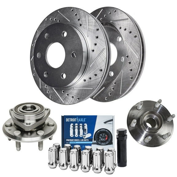 Detroit Axle - Rear Brake Kit for Chevy Traverse GMC Acadia Buick Enclave Saturn Outlook, Drilled & Slotted Disc Brake Rotors Wheel Bearing & Hubs Wheel Lug Nuts Socket Key Replacement