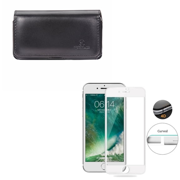 Compatible With iPhone 8 7 6S 6 - Black Leather Side Case w Tempered Glass Screen Protector 4D Touch